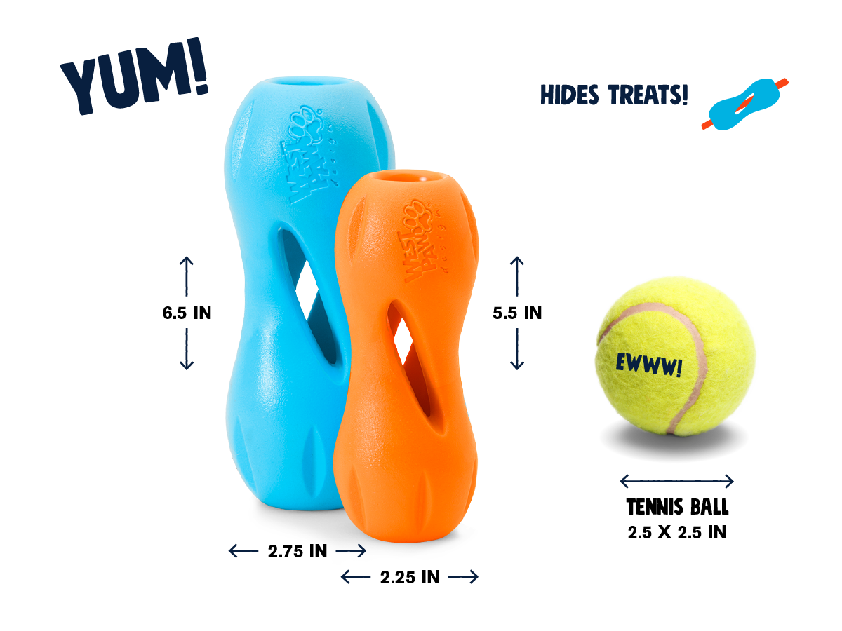 West Paw Qwizl size guide comparing small and large toys with a tennis ball