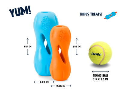 West Paw Qwizl size guide comparing small and large toys with a tennis ball