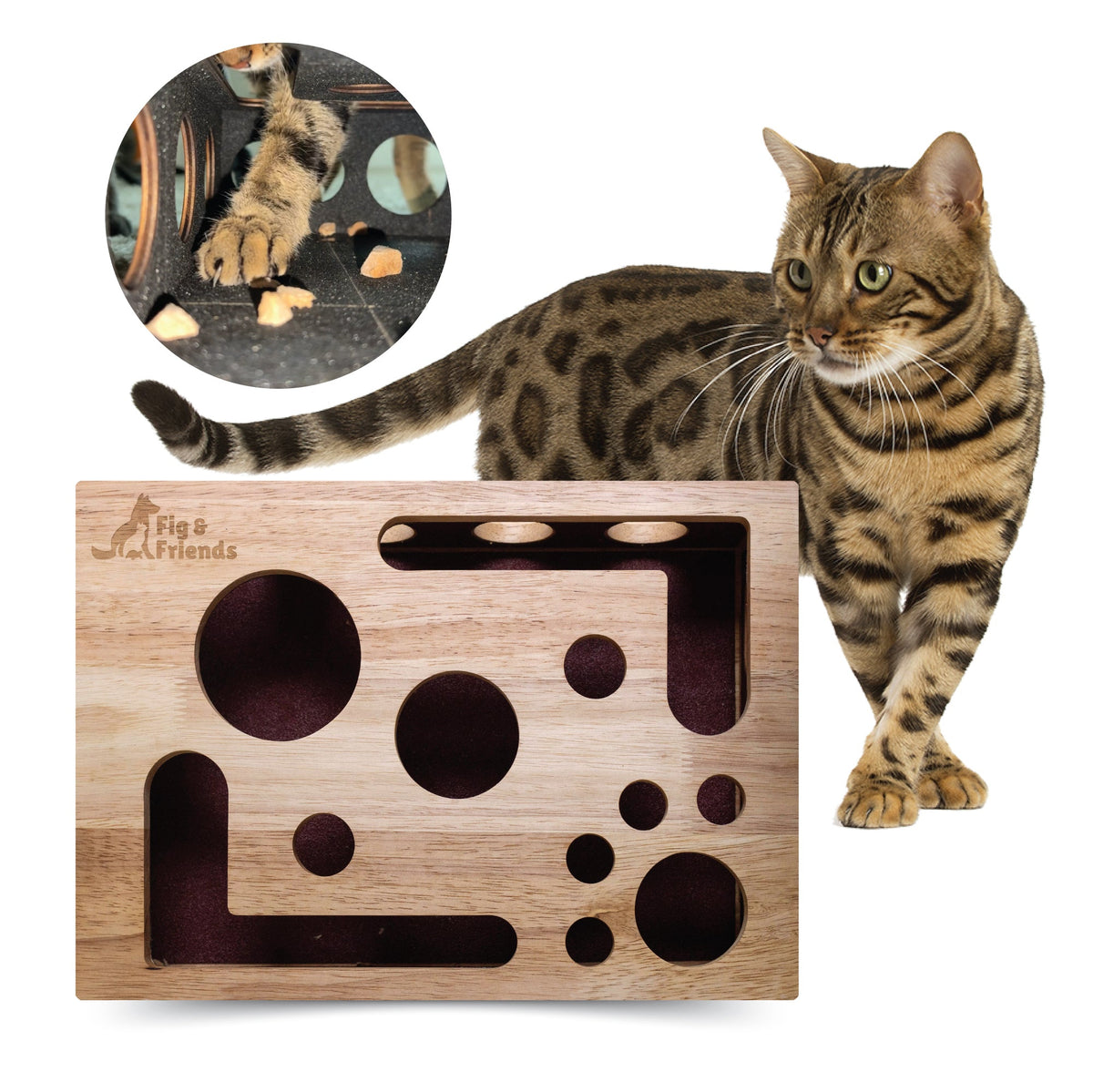 Fig & Friends wooden cat enrichment box with a cat beside it and an inset showing paw access.