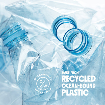 Recycled plastic bottles with Oceanworks ocean-bound plastic message