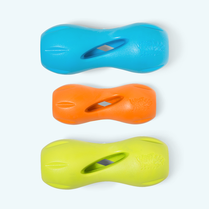 West Paw Qwizl toys in aqua blue, tangerine and granny smith