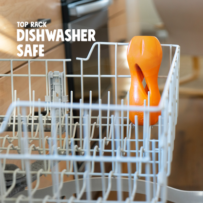 Tangerine Qwizl in the top rack of a dishwasher