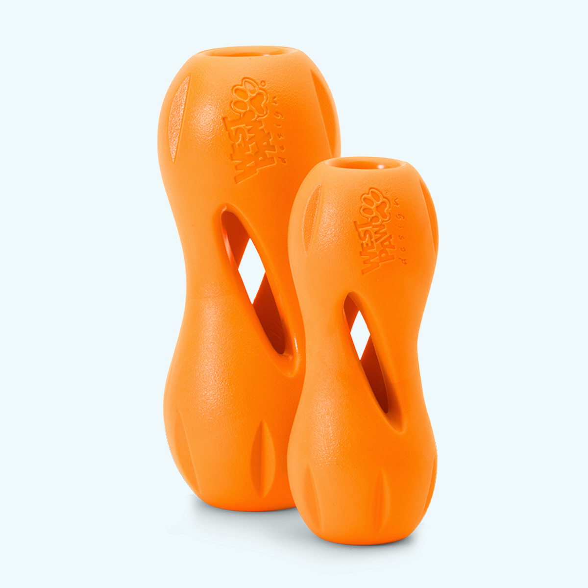 Large and small tangerine West Paw Qwizl toys