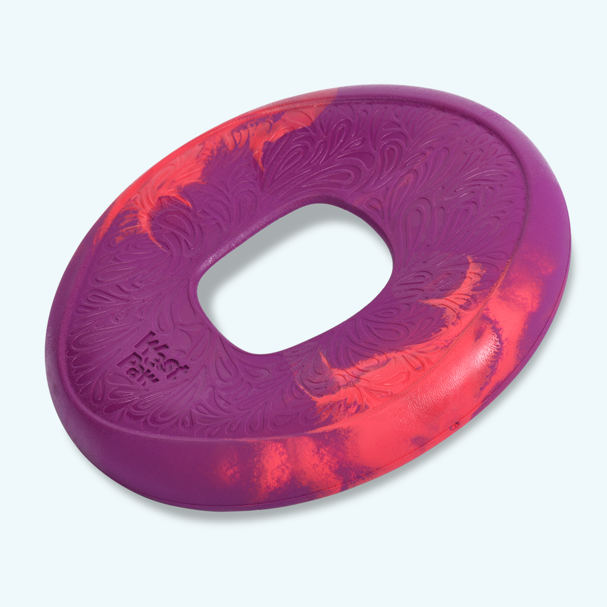 Red and purple West Paw Sailz fetch disc with a center opening