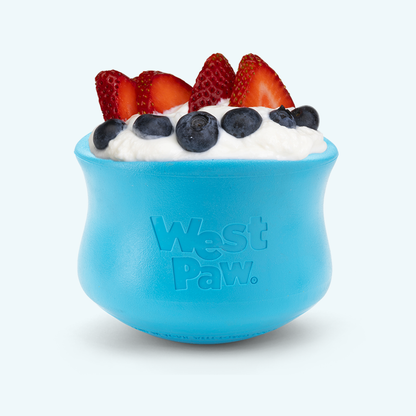 Aqua blue Toppl filled with yogurt, blueberries and strawberries