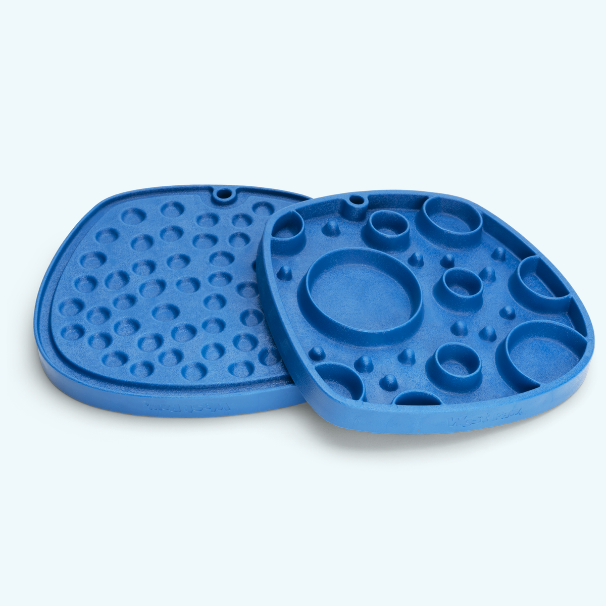 Marine blue West Paw Bubbles Feast Mat showing the lick-mat and slow-feeder sides.
