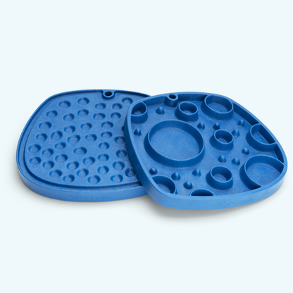 Marine blue West Paw Bubbles Feast Mat showing the lick-mat and slow-feeder sides.